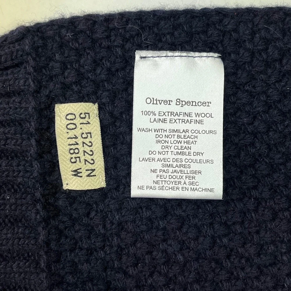 Oliver Spencer Mens Navy Blue Textured Knit Winter Scarf Ribbed Trim Designer